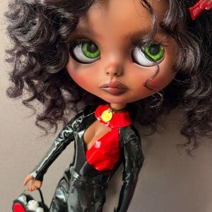 OOAK Custom Blythe Doll | Dark Curly Hair • Green Eyes • Designer Outfit